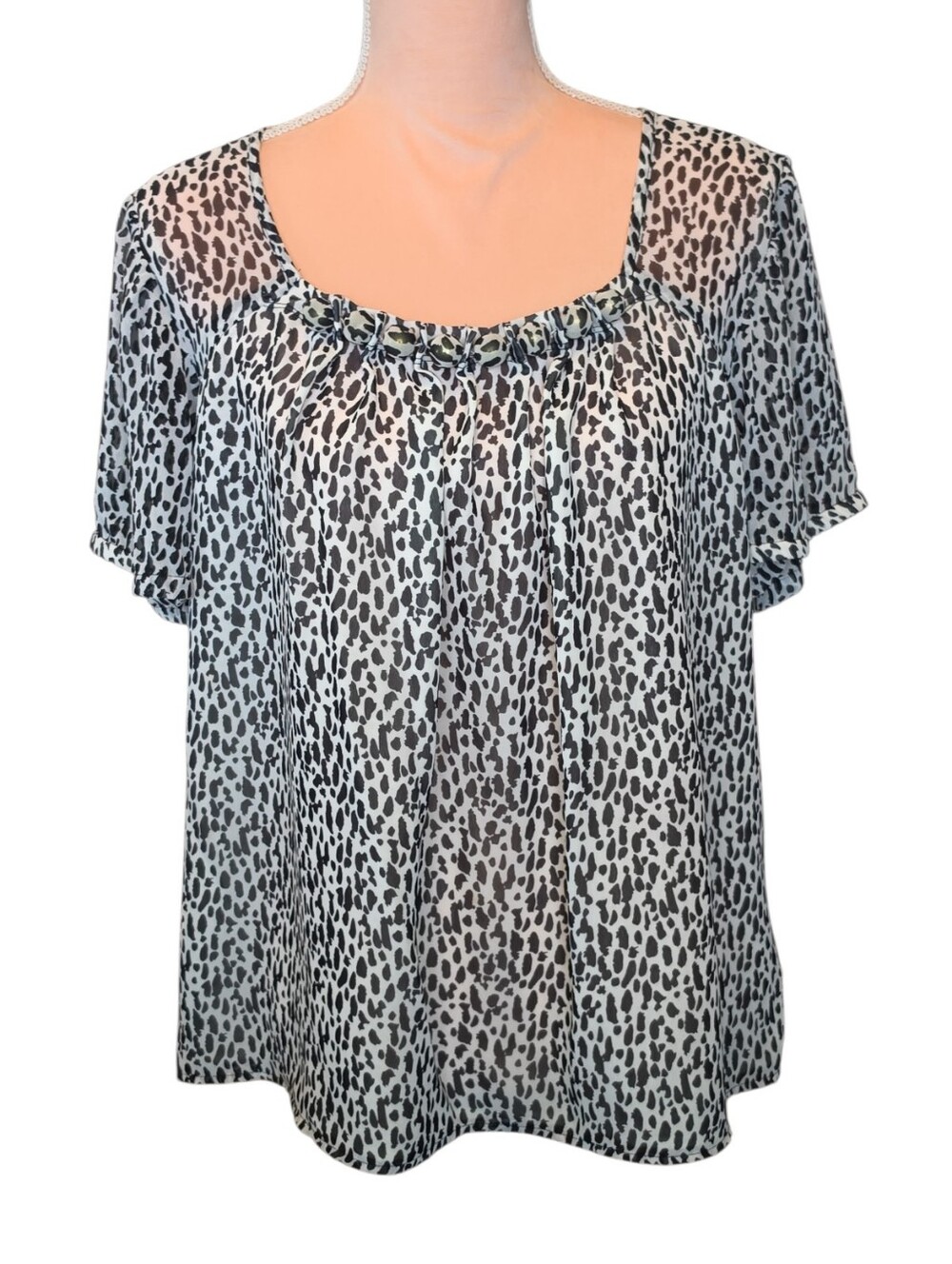 Michael Kors L Black White Cheetah Print Beaded Neckline Blouse